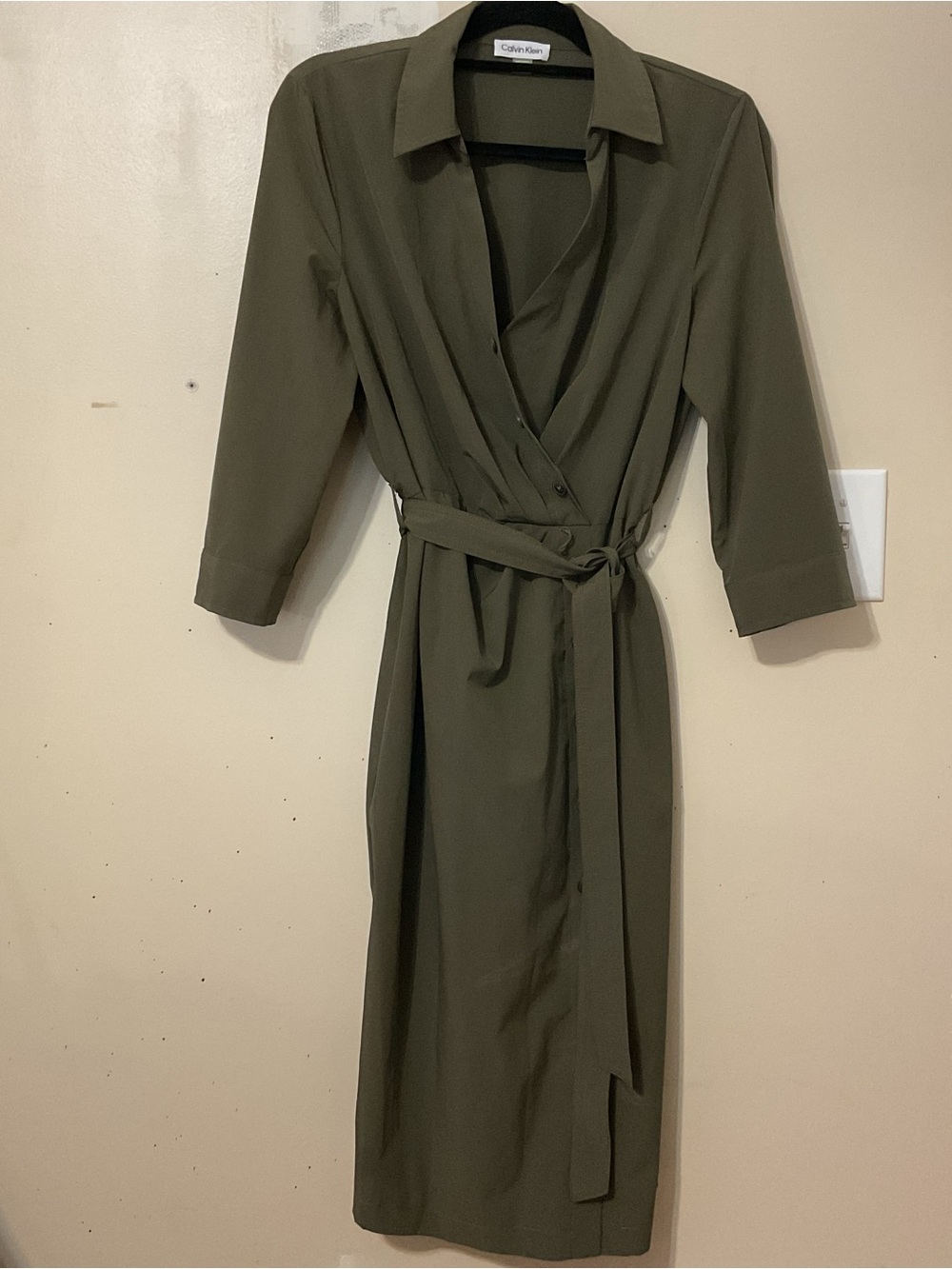 Calvin Klein Olive Wrap Midi Shirt Dress Size 10